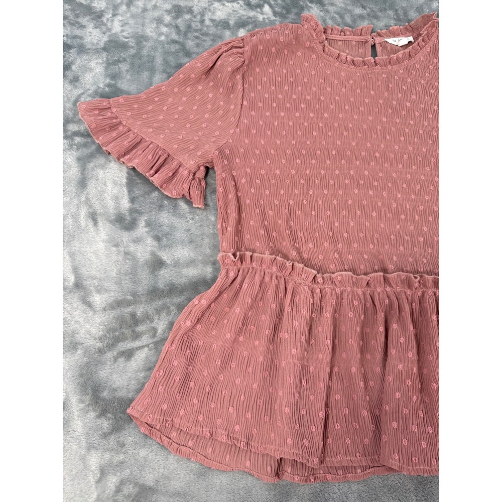 Blu Pepper Dusty Rose Pink Swiss Dot Peplum Top Ruffle Sleeve Mauve Blouse Large - Picture 2 of 9
